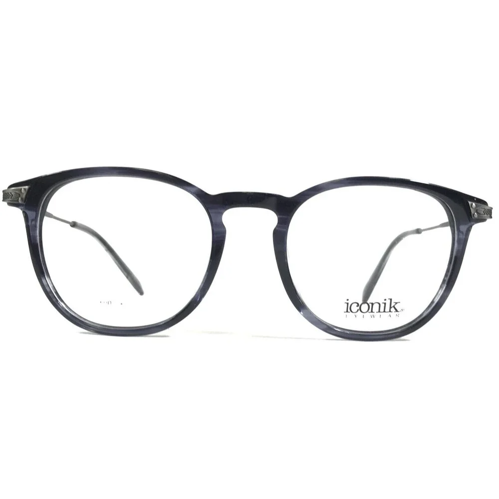 Iconik Eyeglasses Frames Cairo C02 Grey Blue Horn Round Full Rim 48-20-140